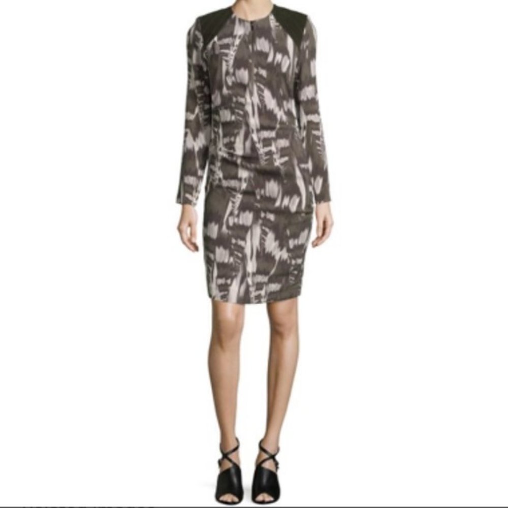 Artelier Nicole Miller Cadence Abstraction Sheath Dress Sz 0 Quiet Luxury Olive